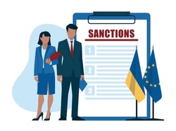 Sanctions. Business people. Woman and man in business suits, office worker, politician, student, entrepreneur, businessmen. Flag of Ukraine and the European Union. Vector image.
