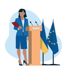 Sanctions. Politics. Business people. Woman in business suits, politicians, businessmen, presenters. Flag of Ukraine and the European Union. Vector image.	