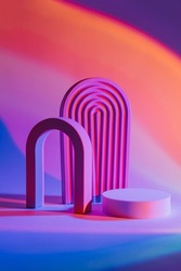 Abstract background with geometric forms and podiums in neon light for product presentation. Podium and arch to show  products.