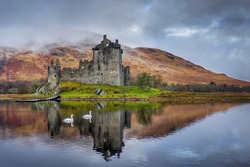 Kilchurn Castle on Loch Awe in the Scottish highlands near Glencoe and Oban. Historic castle in Scotland reflected in the loch with swans swimming past