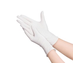 Two blue surgical medical gloves isolated on white background with hands. Rubber glove manufacturing, human hand is wearing a latex glove. Doctor or nurse putting on nitrile protective gloves
