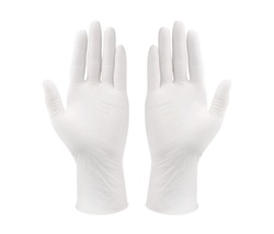 Medical nitrile gloves.Two white surgical gloves isolated on white background with hands. Rubber glove manufacturing, human hand is wearing a latex glove. Protective latex gloves