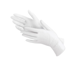 Two white surgical gloves isolated on white background with hands. Medical nitrile gloves. Rubber glove manufacturing, human hand is wearing a latex glove. Doctor or nurse putting on protective gloves