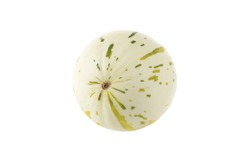 Ivory gaya melon with green and yellow dashed striations and flecks isolated on white. Colorful ripe fruit.