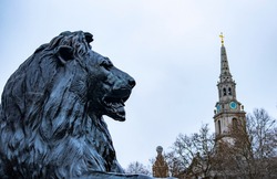 London lion sculpture at Trafalgar square on cold winter overcast morning