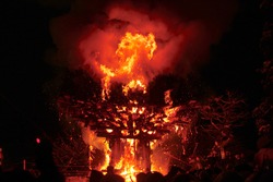 Nagano, Japan (Mar/2015) Huge burning structure at the annual Nozawa Onsen Fire Festival, celebrating the birth of a family’s first child, dispelling evil spirits and also praying for happy marriage.