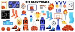 3x3 Basketball sport equipment set. Ball, scoreboard, net, uniform, sneakers, medals, cup etc. Summer games. Vector cartoon isolated illustration