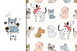 Cartoon cute dogs characters. Animal card and seamless pattern set. Tee print hand drawn illustration. Surface design