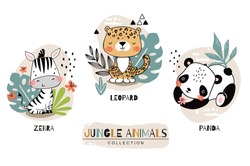 Jungle baby animals collection. Zebra with leopard and panda cartoon characters. Hand drawn icon set . Surface design illustration.