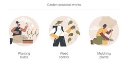 Garden seasonal works abstract concept vector illustration set. Planting bulbs, weed control, mulching plants, flower bed, soil processing, herbicide and pesticide, wood chips abstract metaphor.