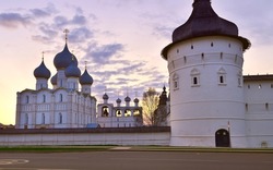 The white-stone Rostov Kremlin. Towers and walls of the Assumption Cathedral and belfry, Russian architecture of the XVI-XVII centuries. Yaroslavl region, Russia, 2022
