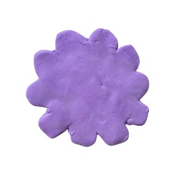 plasticine isolated sticker shape purple free form flower. Element made from real craft clay. Hand made 3d rendering. Boho abstract free form shape with fingers texture. Text box template
