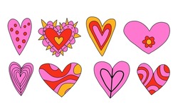 vector set of vibrant psychedelic valentines.Hippie collection hearts for valentine's day.Punk rock style 70s and 80s.Stories social media stickers.Romantic heart shapes in funky and groovy style