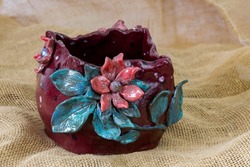 clay pot with flower decoration - handmade pottery