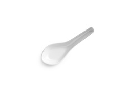 white plastic soup spoon on white background