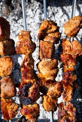 Roasted pork shish kebab on metal stick, close up. Lula kebab on skewers. BBQ party. Picnic in nature.