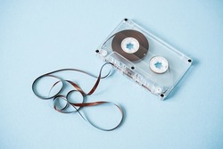 Vintage audio cassette. Old transparent cassette tape.