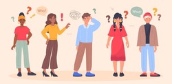 Confused people concept. ollection of characters who ask various questions and search for answers. Upset men and women in different poses. Cartoon flat vector set isolated on pink background