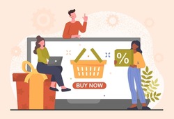 Concept of people shopping. Characters sitting near laptop, choosing products. Friends choose gifts. Buying goods on Internet. Wire transfer, order, delivery. Cartoon flat vector illustration