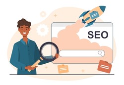 Concept of SEO. Man with magnifying glass looks at rocket. Specialist enters key articles, website optimization for search engines, algorithms, digital, template. Cartoon flat vector illustration