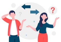 Concept of doubt. Man and girl looking for answers to questions. Character rubs his head with his hands. Internal deadlock, thought processes, difficulties, problems. Cartoon flat vector illustration