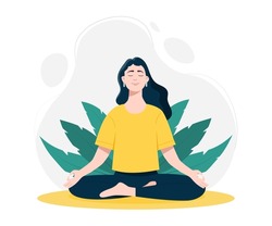 Woman in lotus pose. Pilates, yoga and meditation. Nature and fresh air. Relaxation and relaxation, inner peace and balance, young girl takes care of her health. Cartoon flat vector illustration