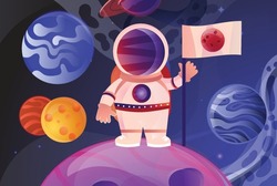 Spaceman on planet. Astronaut in another galaxy, exploration of new dimensions. Futuristic images and innovations. Weightlessness and lack of gravity, adventure. Cartoon flat vector illustration