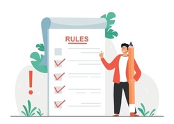 List of rules and regulations. Man stands near sheet of paper with large pencil in hand. Corporate compliance and business ethics. Boss sets standards of procedure. Cartoon flat vector illustration.