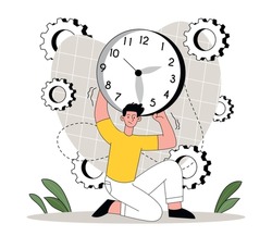 Time pressure concept. Man sits and holds watch in his hands. Time management and deadline. Emotional burnout and tired worker. Inefficient workflow, lazy employee. Cartoon flat vector illustration