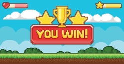 Pixel game win screen. Cups and stars next to health and experience indicators. Interface for platformer, design for mobile application or program. Level up window. Cartoon flat vector illustration