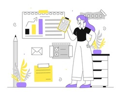 Woman with office notes line. Young girl with documents and paper sheets. Paperwork with contracts at workplace. Worker and employee with goals and tasks. Linear flat vector illustration