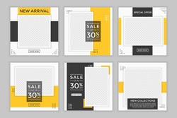 Set of Editable minimal square banner template. Black and yellow background color with shape. Suitable for social media post and web ads.