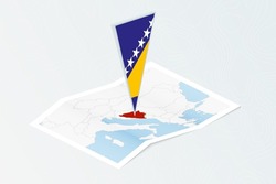 Isometric paper map of Bosnia and Herzegovina with triangular flag of Bosnia and Herzegovina in isometric style. Map on topographic background. Vector illustration.