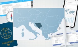 Journey to Bosnia and Herzegovina, illustration with a map of Bosnia and Herzegovina. Background with airplane, cell phone, passport, compass and tickets. Vector mockup.