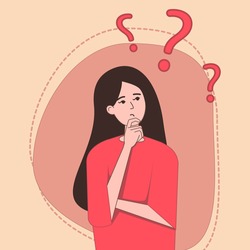 Vector image of a young woman who thinks about a question. A person who doubts his choice. Flat illustration.