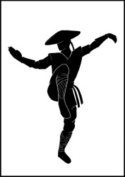 Isolated silhouette of a full growth fighter, martial arts master, kung fu warrior with a pigtail, in a kimono and hat, in a fighting stance with his arms wide open and raised leg, no background.