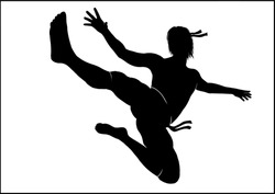 Isolated silhouette of a full growth fighter in a dynamic pose, martial arts master in flight, kung fu warrior with a bare torso in his pants, with his arms wide open, in a jump, no background.