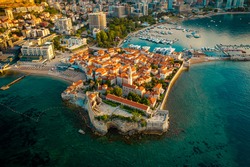 Aerial view of the beautiful city of Budva, morning on the Adriatic Sea.