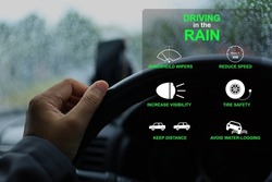 The driver's hand holds the steering wheel of a car driving in the rain in the concept of driving in the rain with icons of caution and practical tips or techniques for driving in the rainy season.