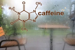 Caffeine icon and glass background with condensed water droplets and a chair behind the glass.