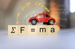 Sir Isaac Newton's equation of motion, force equal to mass times acceleration, or F equal to m multipleply by a on a model car and a wooden cube.