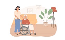 Old age woman living in senior house. Home care services for elderly people. Residential care facility. Volunteer worker taking care of elderly person on wheelchair. Vector illustration.