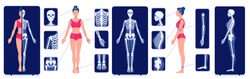 A skeletal system visual aid. X-ray examination pictures. Image of the human skeleton bones. Internal anatomy of a woman. Full-length roentgen.