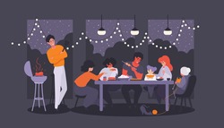 BBQ dinner party at the evening patio. Multi-ethnic group of people, friends, family. Barbecue night. A vector cartoon illustration.