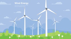 Wind power plant and factory. Wind turbines. Green energy industrial concept. Vector illustration in flat style. Wind power station background. Renewable energy vector design.