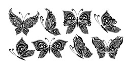 Set butterflies decorative tattoo. Black Butterfly from patterns. Vector illustration