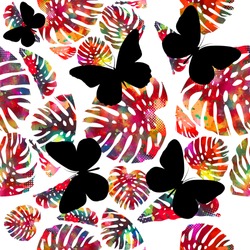 abstract colorful vector palm tree leaves. Seamless background with colorful monstera leaves. Black butterflies background. Vector illustration