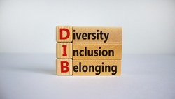 DIB, Diversity, inclusion and belonging symbol. Wooden blocks with words 'DIB, diversity, inclusion and belonging' on beautiful white background. Business, diversity, inclusion and belonging concept.
