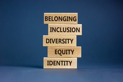 Equity, idenyity, diversity, inclusion, belonging symbol. Wooden blocks with words identity, equity, diversity, inclusion, belonging on beautiful grey background. Inclusion, belonging concept.