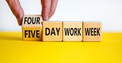 4 or 5 day work week symbol. Businessman turns the cube, changes words 'five day work week' to 'four day work week'. Beautiful white background. Copy space. Business and 4 or 5 day work week concept.